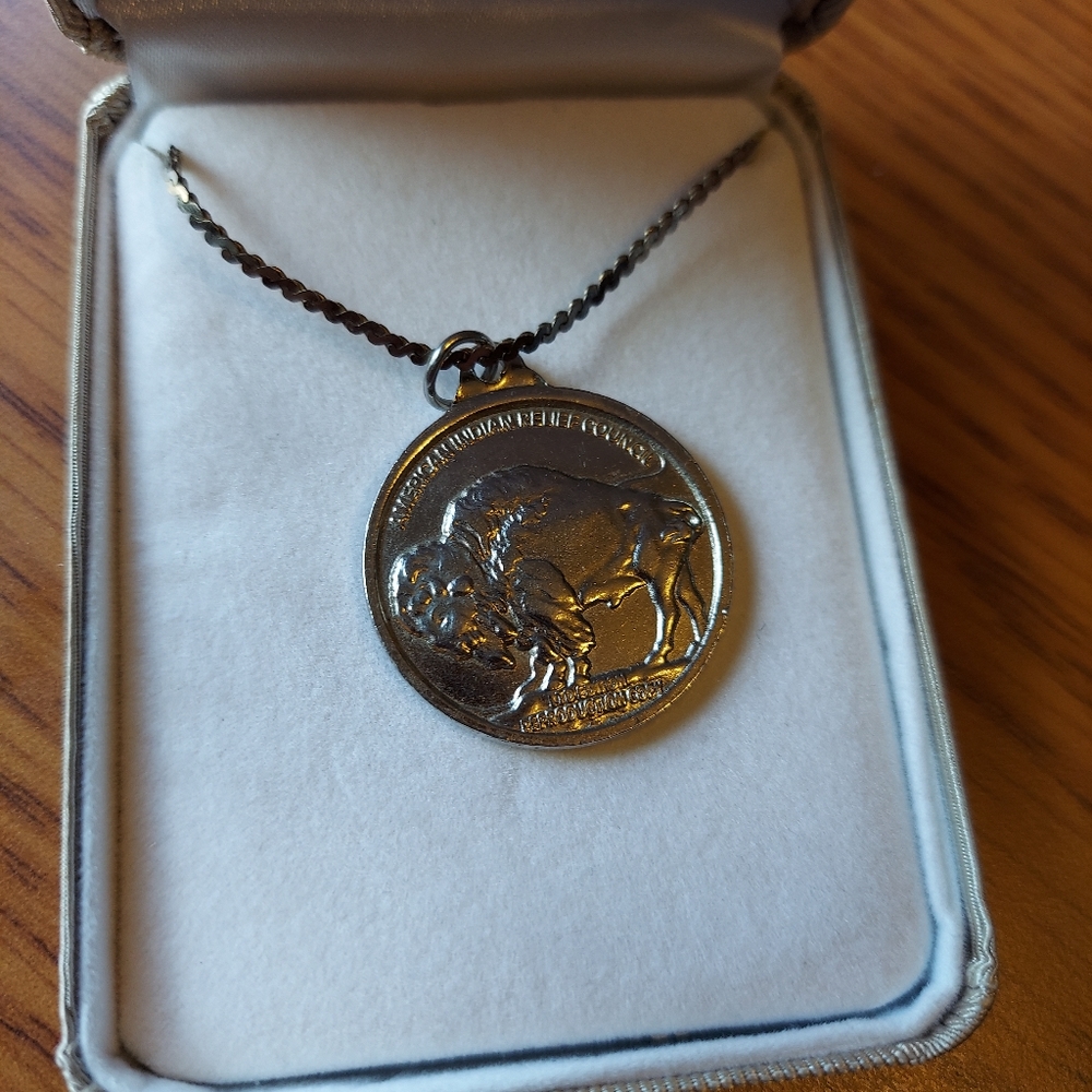 American Indian Relief Counsel Buffalo Nickle Silvertone Pendant 1" &Chain 9" .